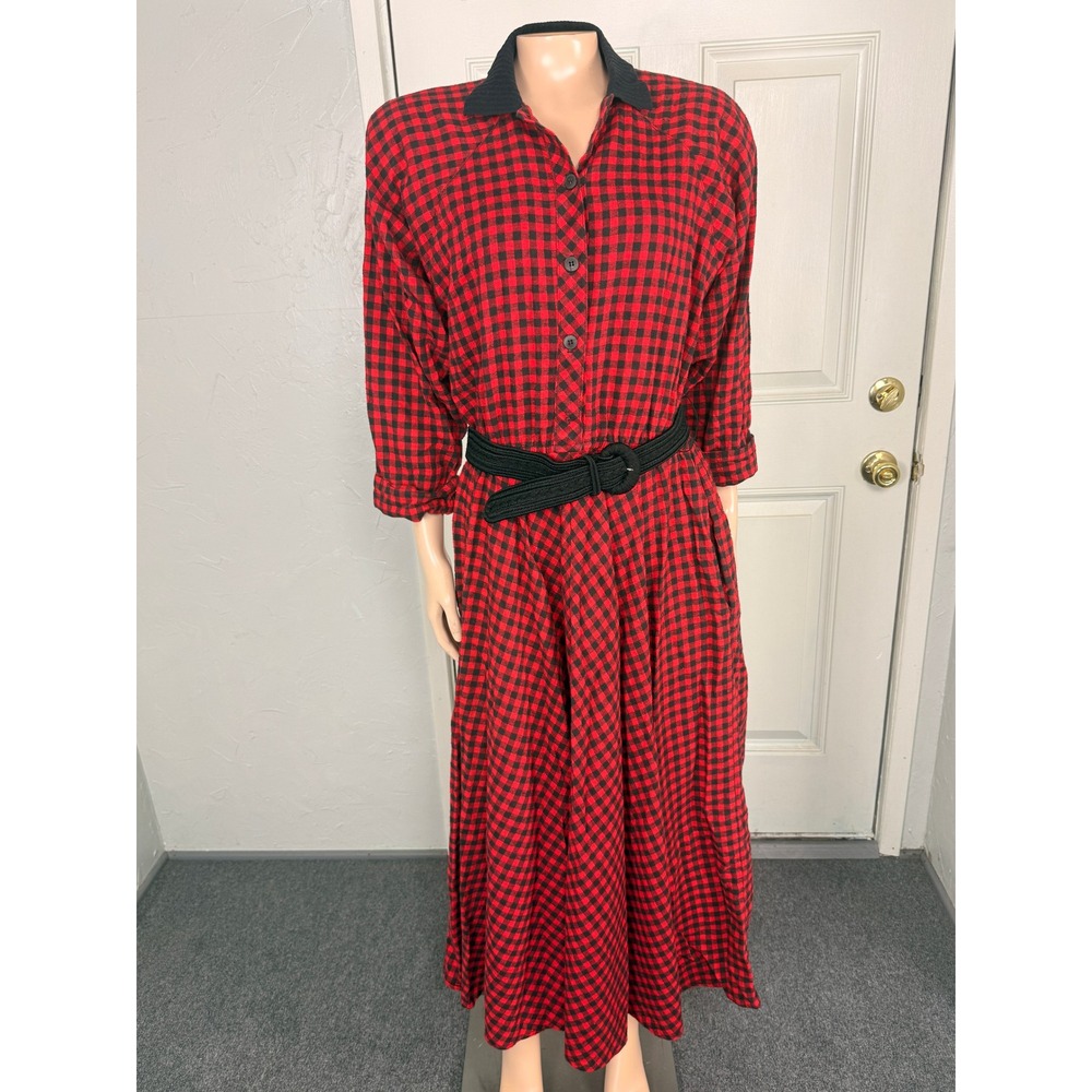 Vintage 90s 80s Carol Anderson Gingham Dress 9/10 Flannel Plaid Belted OO23